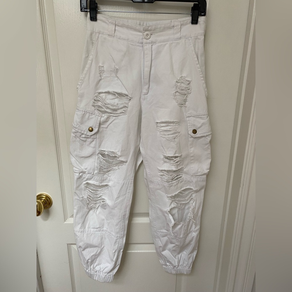 Carmar White Destroyed High-Waist Button Front Cargo Pants; classic 90s
